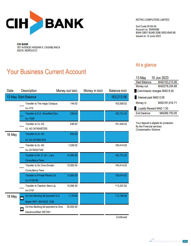 Download Morocco CIH bank statement Word and PDF template Photoshop template